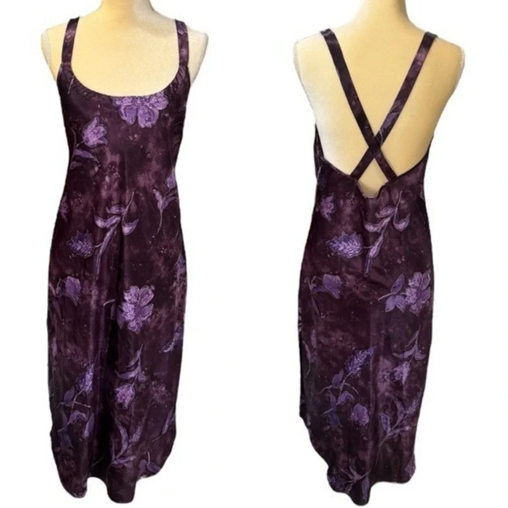 NEW Vintage California Dynasty Purple Floral Satin Cross Back Fairy Dress Size M